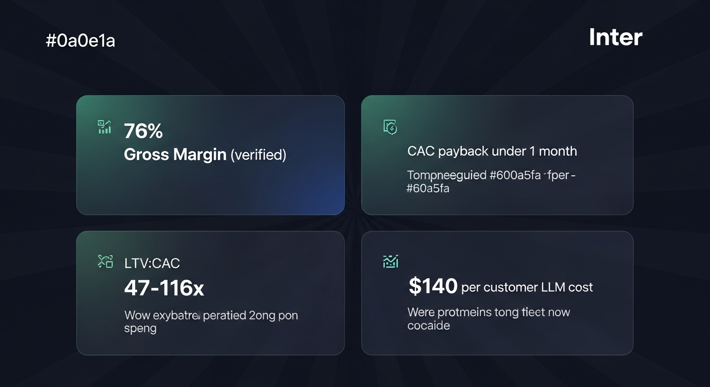76% gross margin, CAC payback under 1 month, LTV:CAC 47-116x, $140 LLM cost per customer